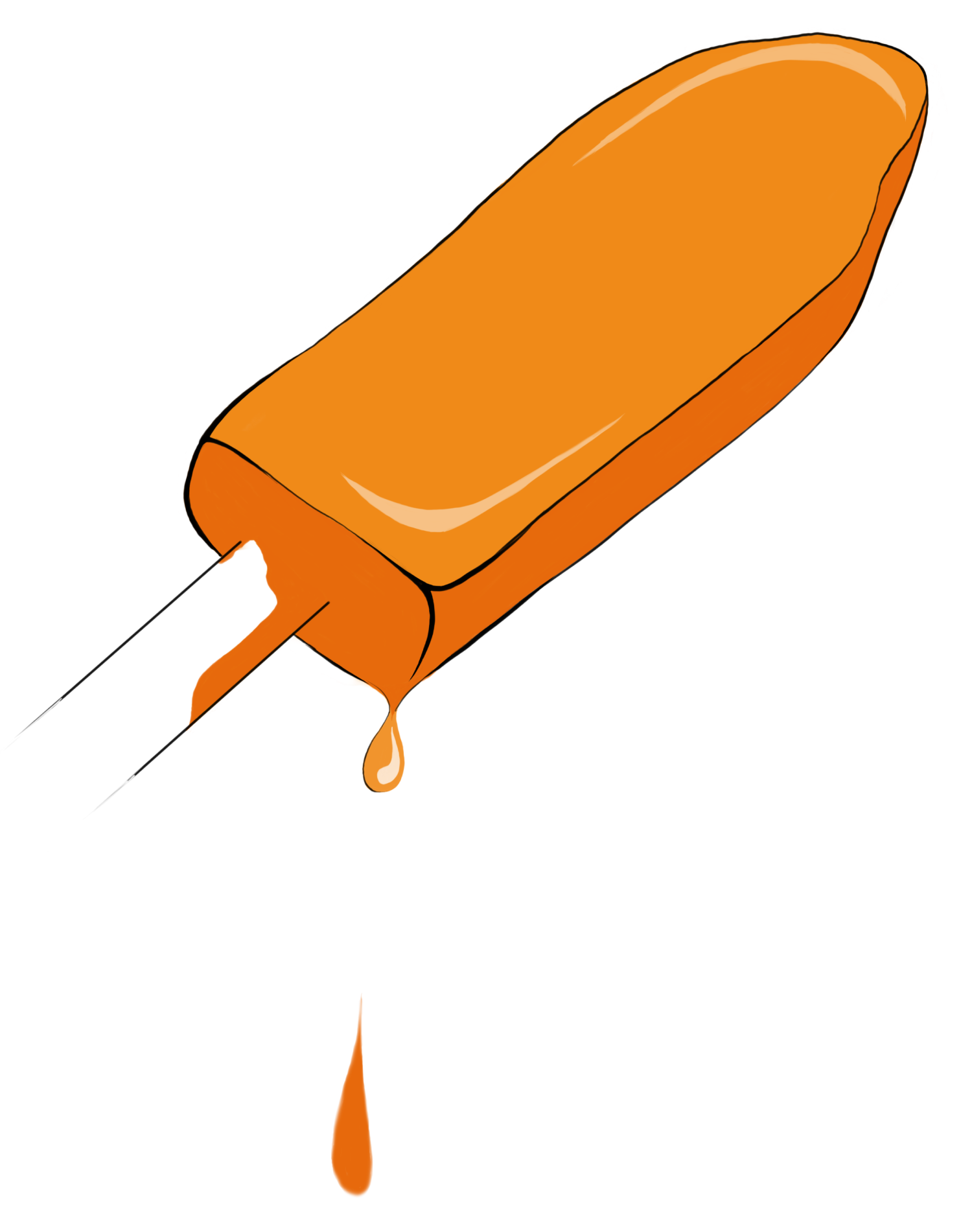 Cartoon-style orange ice block melting with drips, minimalist summer illustration.