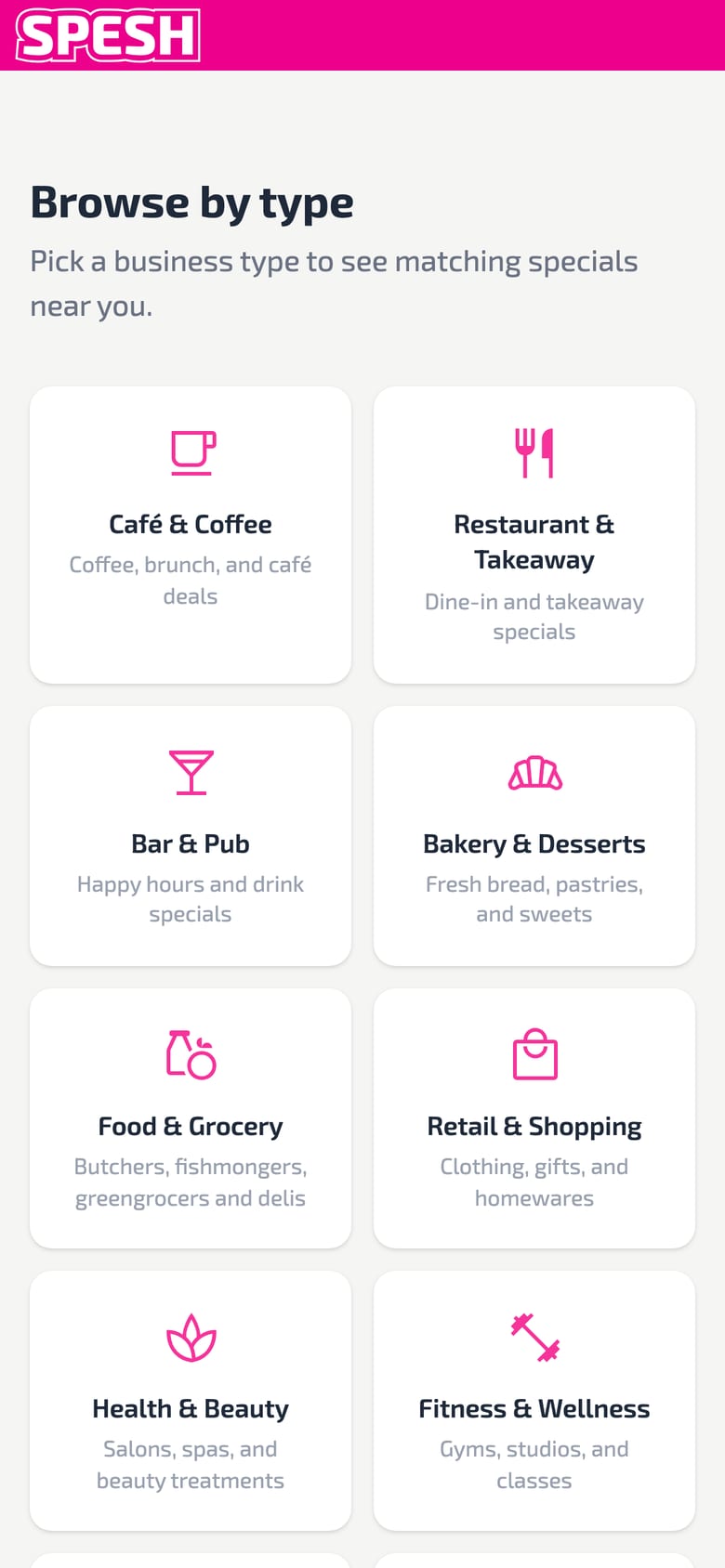 Spesh – browsing specials by business type.